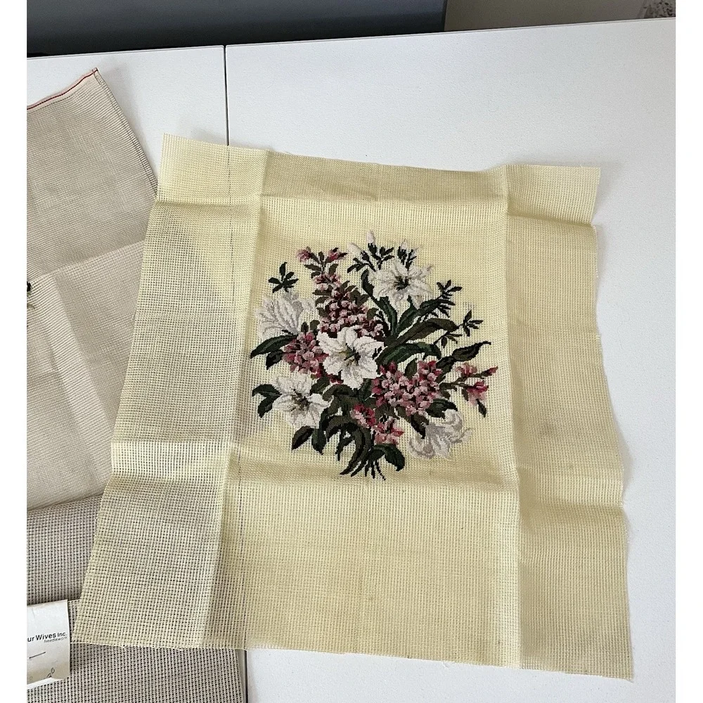Antique Lot 3 Pieces Wool Needlepoint Tapestry flowers Four Wives unframed roses